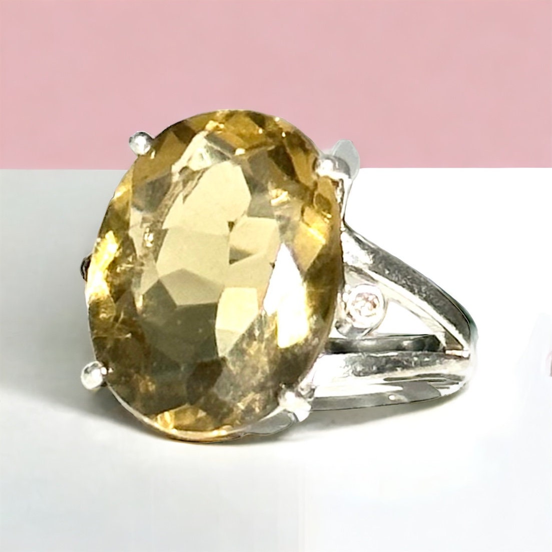 Natural Lemon Topaz and Diamond Ring - US 6.5 - Huge Gemstone Ring - Statement Ring - Gift for Her -Solid 925 Sterling Silver Ring