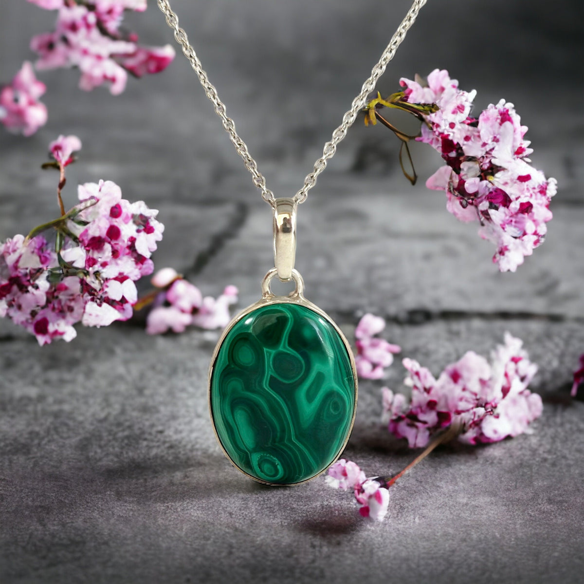Natural High Quality Malachite Pendant - Beautiful Pattern Malachite - Oval Malachite Pendant - Unisex Pendant - Solid 925 Sterling Silver