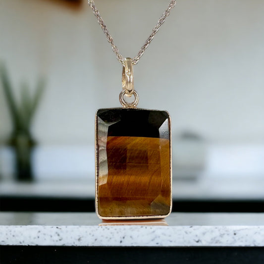 Natural Tiger Eye Pendant - Faceted Tiger Eye Pendant - Unisex Pendant - Women's Pendant - Men's Pendant - Solid 925 Sterling Silver Pendant