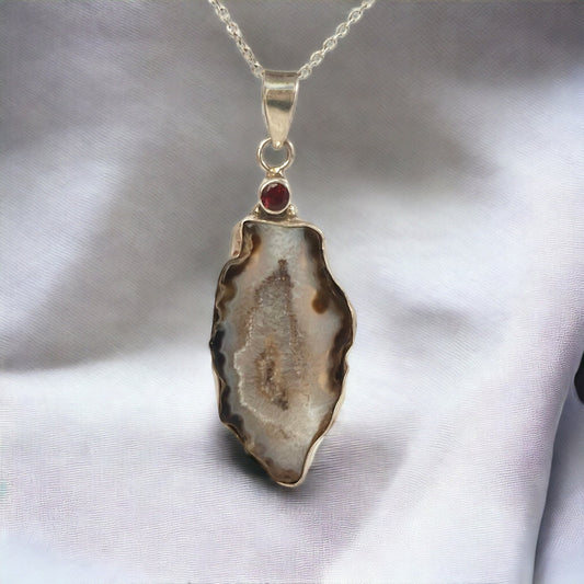 Natural Druzy Agate and Red Garnet Pendant - Druzy Pendant - Garnet Pendant - September Birthstone - Solid 925 Sterling Silver Pendant
