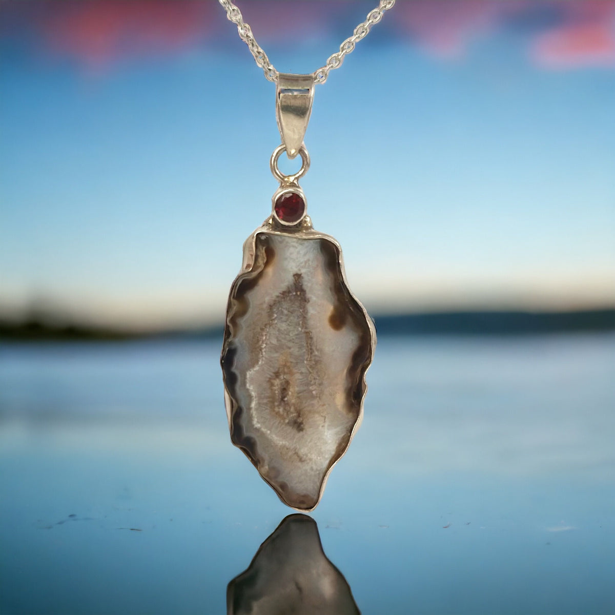 Natural Druzy Agate and Red Garnet Pendant - Druzy Pendant - Garnet Pendant - September Birthstone - Solid 925 Sterling Silver Pendant