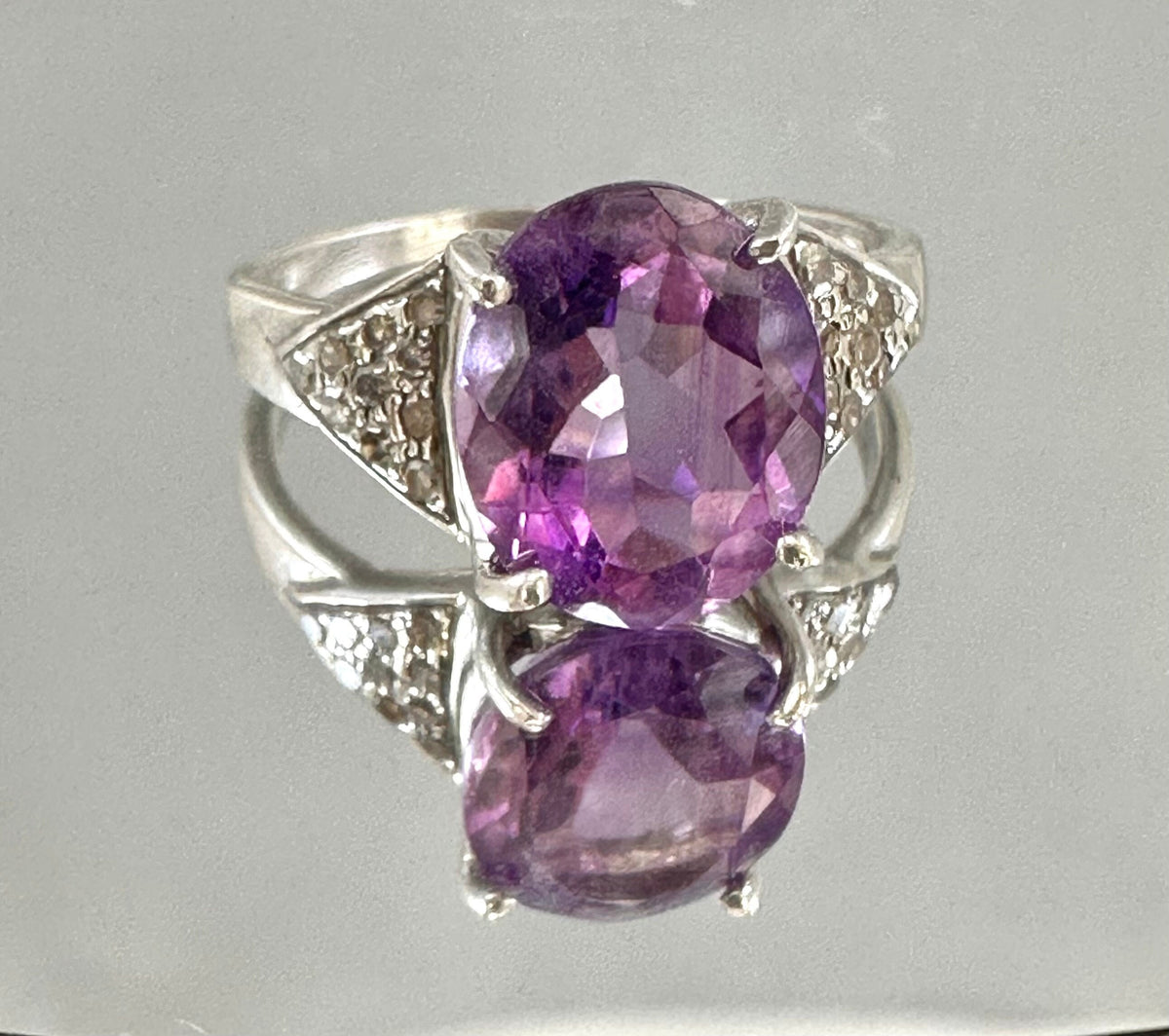 Natural Amethyst and Diamond Ring - Statement Ring - Gemstone Ring - February Birthstone - Size 6.25 Ring - Solid 925 Sterling Silver Ring