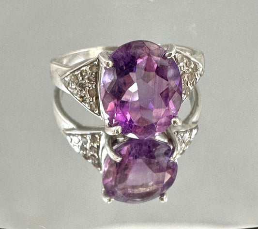 Natural Amethyst and Diamond Ring - Statement Ring - Gemstone Ring - February Birthstone - Size 6.25 Ring - Solid 925 Sterling Silver Ring