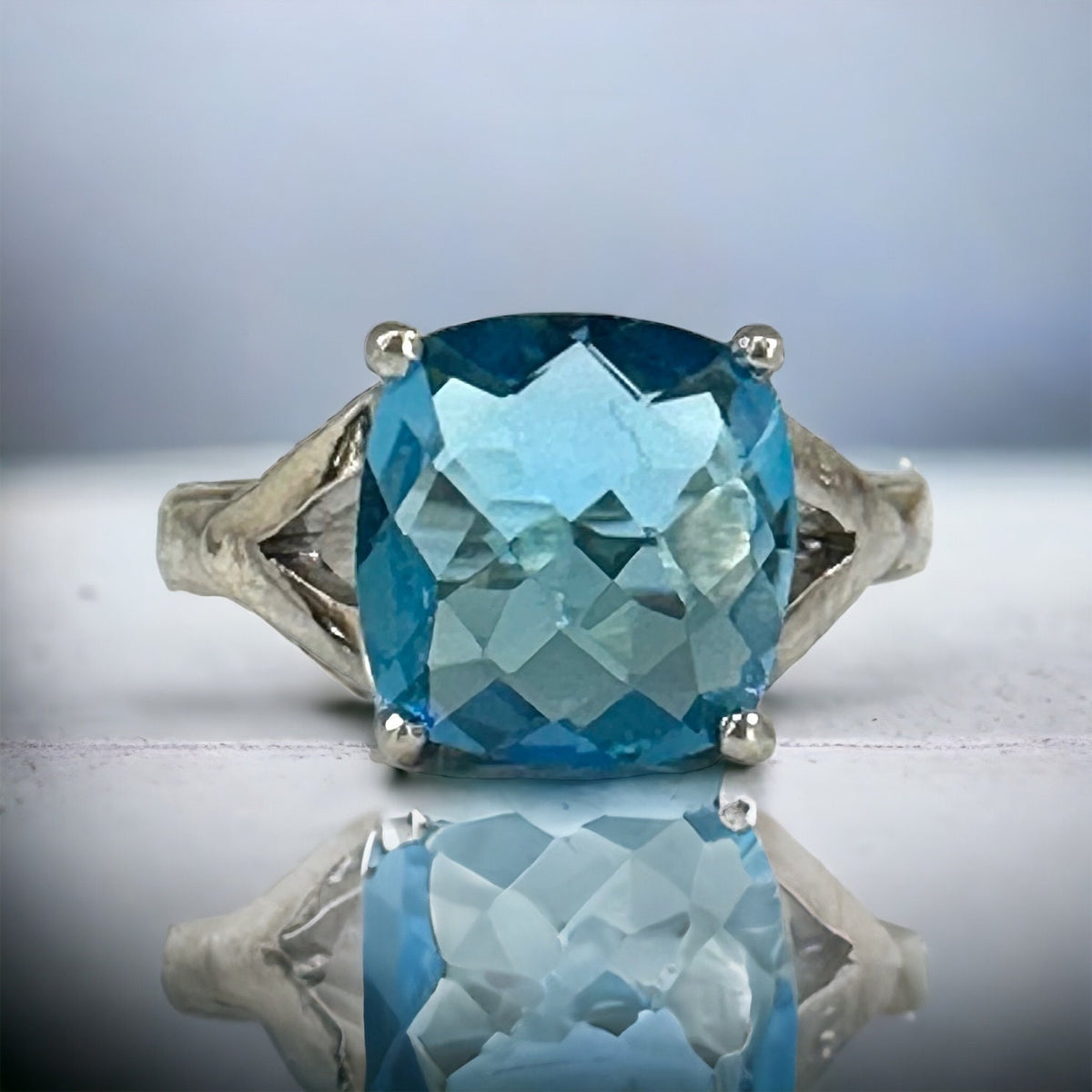 Genuine Swiss Blue Topaz Ring for Her - Cushion Cut Blue Topaz Ring - High Quality Blue Topaz - Size 6.75 Ring - Solid Sterling Silver Ring