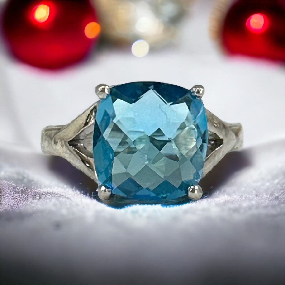 Genuine Swiss Blue Topaz Ring for Her - Cushion Cut Blue Topaz Ring - High Quality Blue Topaz - Size 6.75 Ring - Solid Sterling Silver Ring
