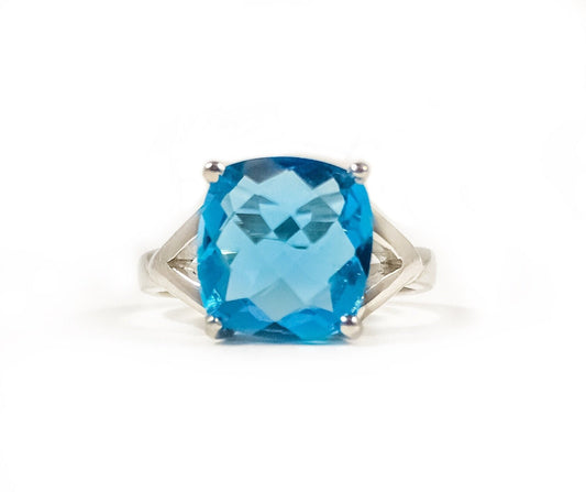 Genuine Swiss Blue Topaz Ring for Her - Cushion Cut Blue Topaz Ring - High Quality Blue Topaz - Size 6.75 Ring - Solid Sterling Silver Ring