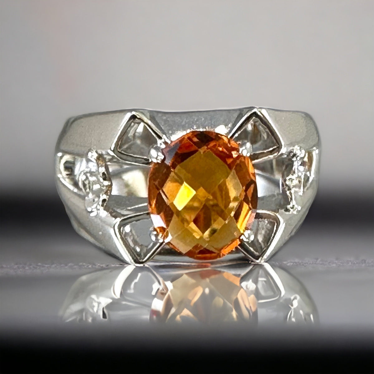 Genuine Madiera Citrine & Diamond Ring - US 8.0 - Statement Ring - Unisex Ring - Ring for Her - November Birthstone - Sterling Silver Ring