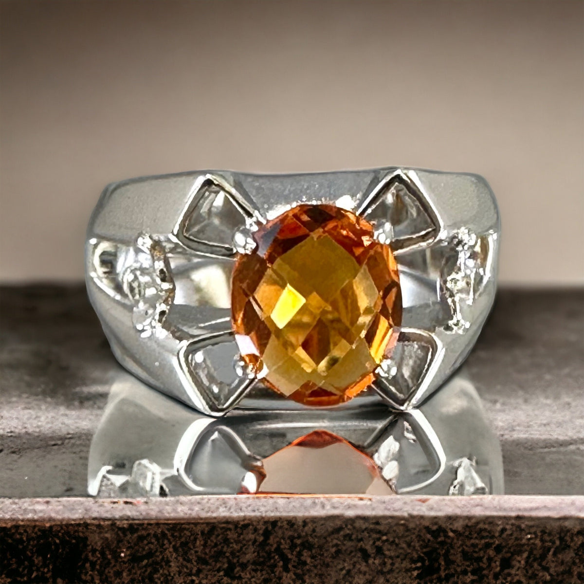 Genuine Madiera Citrine & Diamond Ring - US 8.0 - Statement Ring - Unisex Ring - Ring for Her - November Birthstone - Sterling Silver Ring