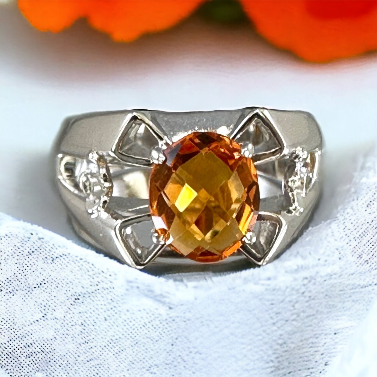 Genuine Madiera Citrine & Diamond Ring - US 8.0 - Statement Ring - Unisex Ring - Ring for Her - November Birthstone - Sterling Silver Ring