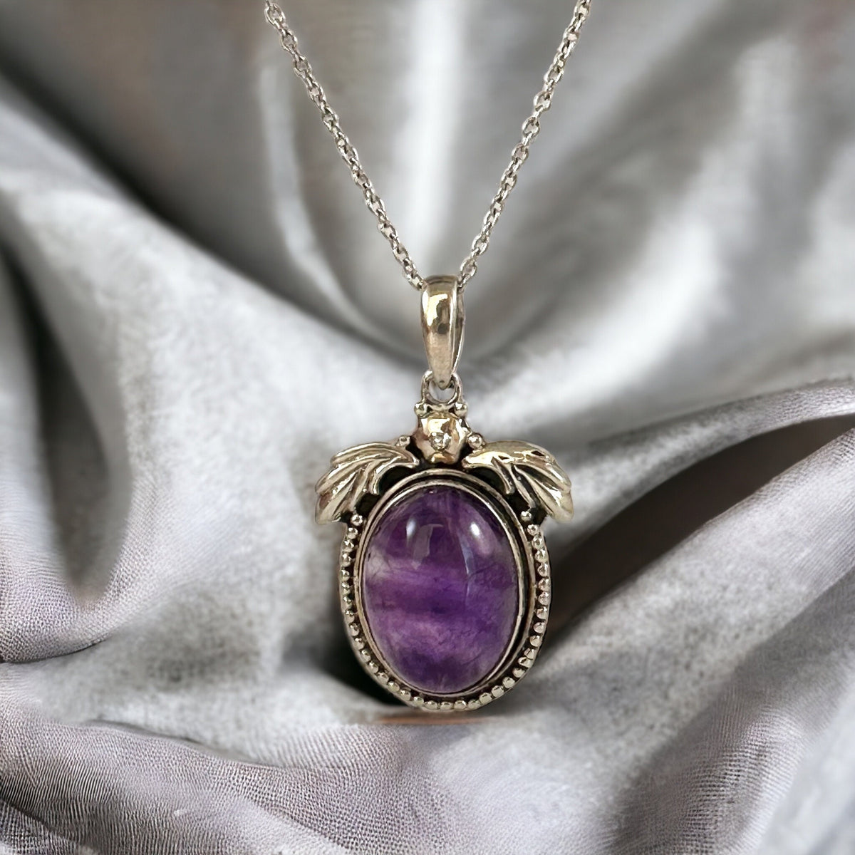 Genuine Amethyst Cabochon Pendant - Angel Wings Pendant - Angel Silver Pendant - February Birthstone - Solid 925 Sterling Silver Pendant