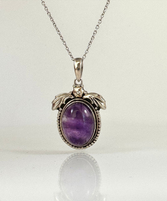Genuine Amethyst Cabochon Pendant - Angel Wings Pendant - Angel Silver Pendant - February Birthstone - Solid 925 Sterling Silver Pendant