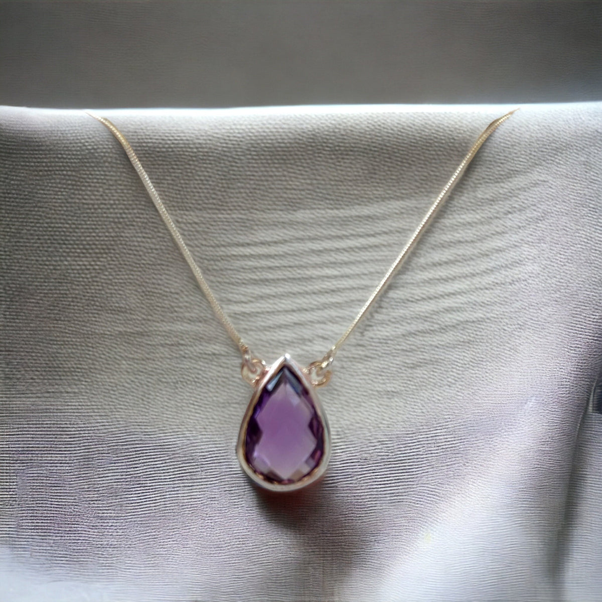 Genuine Amethyst Pendant with Attached Chain - Pear Amethyst Pendant -  Amethyst Necklace - February Birthstone - Sterling Silver Necklace