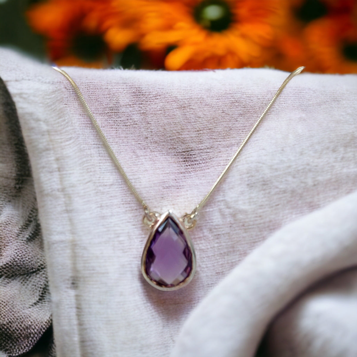 Genuine Amethyst Pendant with Attached Chain - Pear Amethyst Pendant -  Amethyst Necklace - February Birthstone - Sterling Silver Necklace