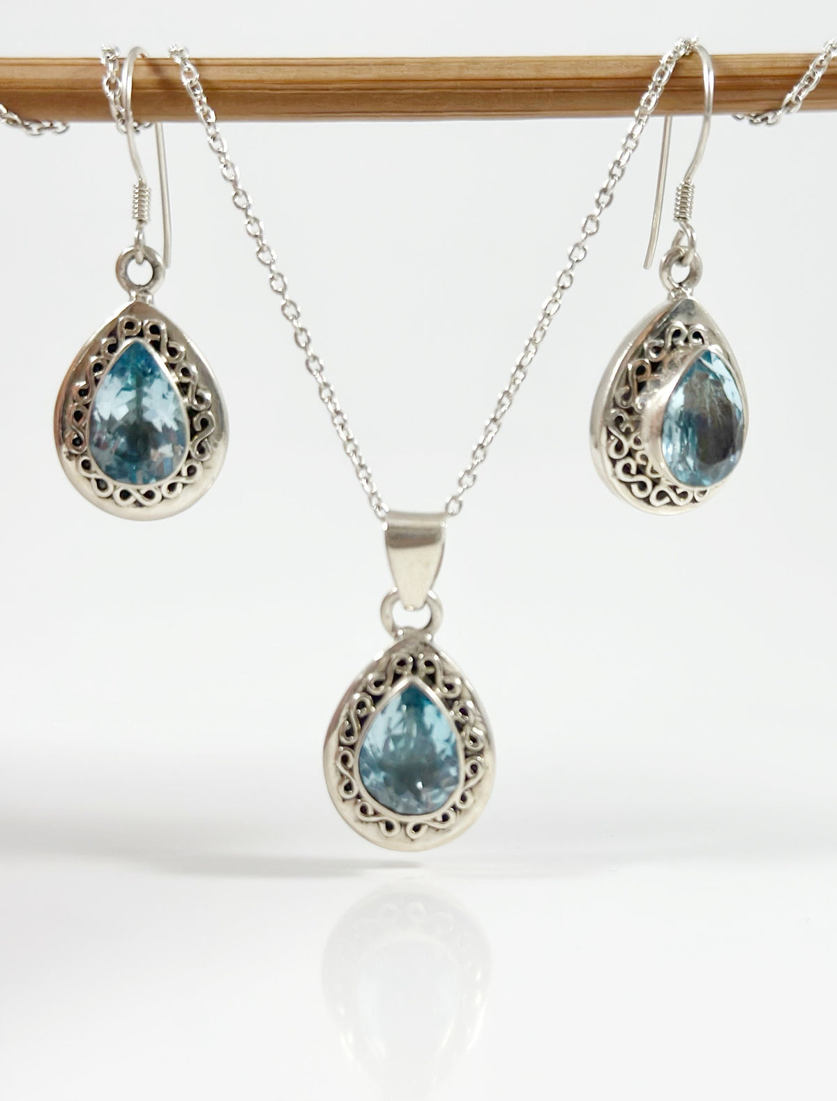 Genuine Blue Topaz Earrings & Pendant Set with FREE Chain - Blue Topaz Earrings - Blue Topaz Pendant - December Birthstone - Solid 925Silver