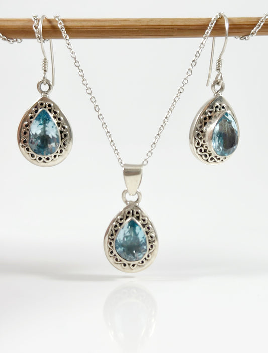Genuine Blue Topaz Earrings & Pendant Set with FREE Chain - Blue Topaz Earrings - Blue Topaz Pendant - December Birthstone - Solid 925Silver