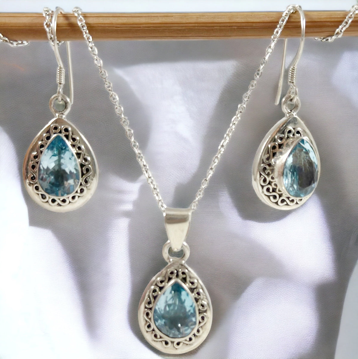 Genuine Blue Topaz Earrings & Pendant Set with FREE Chain - Blue Topaz Earrings - Blue Topaz Pendant - December Birthstone - Solid 925Silver