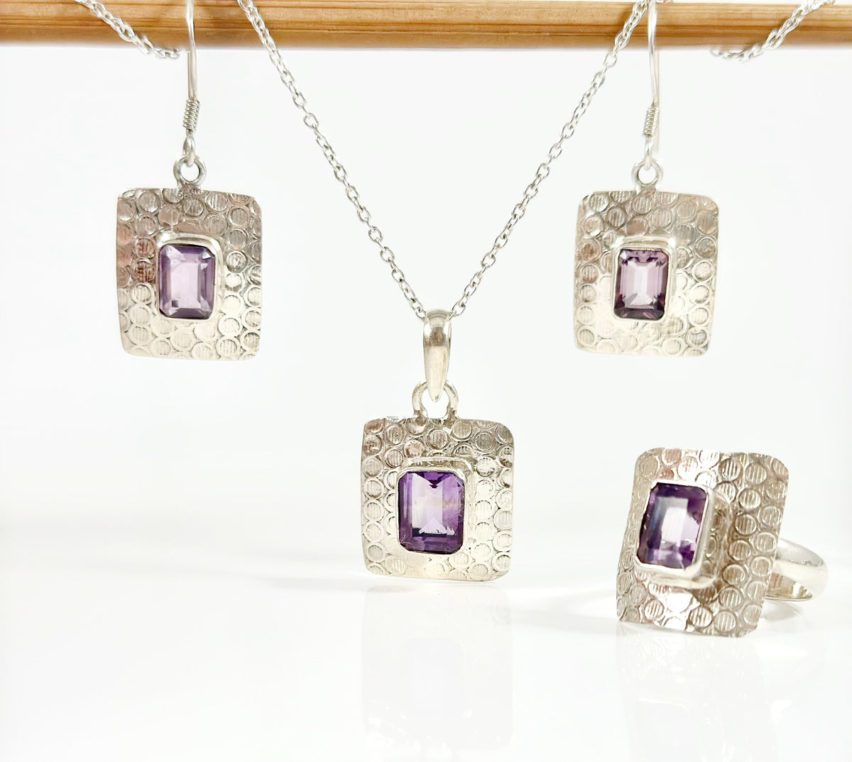 Genuine Amethyst Earrings-Pendant-Ring Set with FREE Chain - Amethyst Earrings - Amethyst Pendant - February Birthstone - Solid 925 Silver