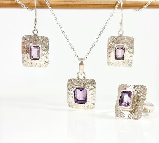 Genuine Amethyst Earrings-Pendant-Ring Set with FREE Chain - Amethyst Earrings - Amethyst Pendant - February Birthstone - Solid 925 Silver