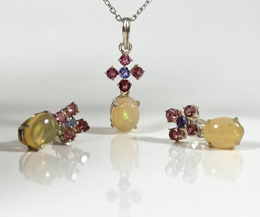 Genuine Opal, Tanzanite and Pink Topaz Earrings & Pendant Set with FREE Chain - October Birthstone - Solid Sterling Silver- Sold as a Set