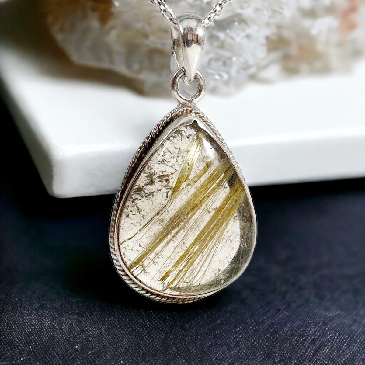 Golden Rutile Pendant - Rutile Pendant - High Quality Handpicked Rutile - Genuine Angel Hair Pendant - Solid 925 Sterling Silver Pendant
