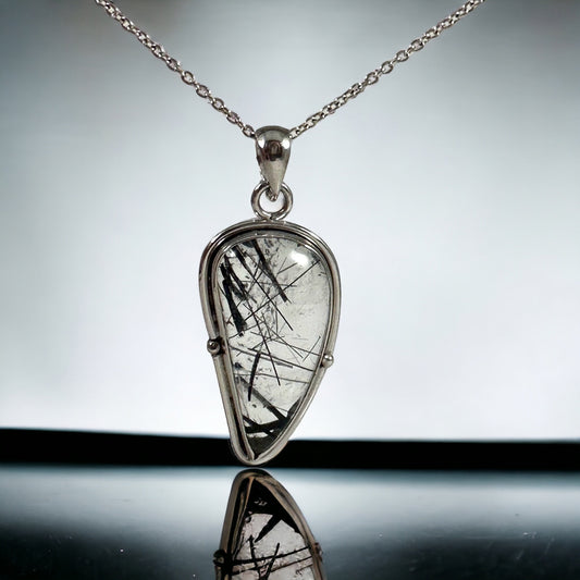 Black Rutilated Quartz Pendant - High Quality Handpicked Rutile - Genuine Gemstone Pendant - Solid 925 Sterling Silver Pendant