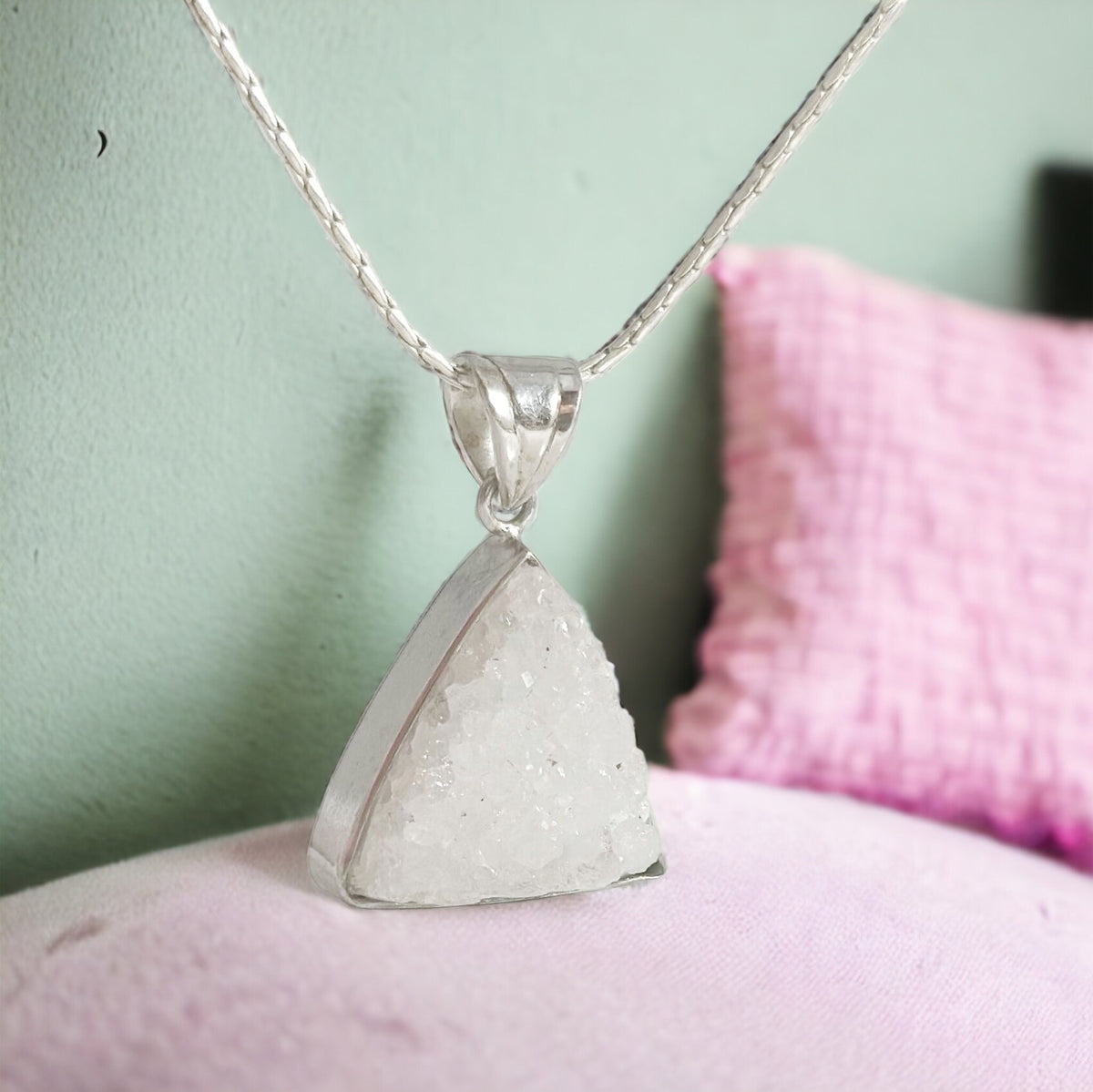 Natural Agate Pendant - Druzy Pendant - Triangular Pendant - Gemstone Pendant - September Birthstone - Solid 925 Sterling Silver Pendant