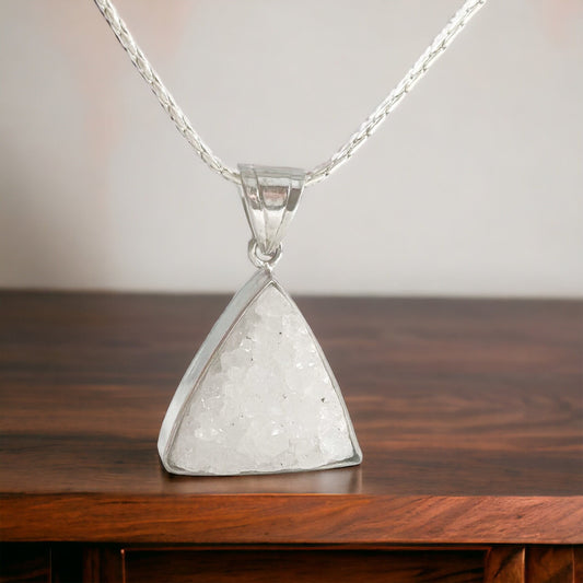 Natural Agate Pendant - Druzy Pendant - Triangular Pendant - Gemstone Pendant - September Birthstone - Solid 925 Sterling Silver Pendant