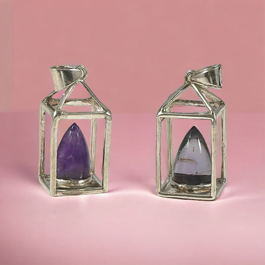 Unique Amethyst Lantern Pendant with Chain - One of a Kind Amethyst Flame Pendant - Ready to Ship - February Birthstone - 925 Silver Pendant