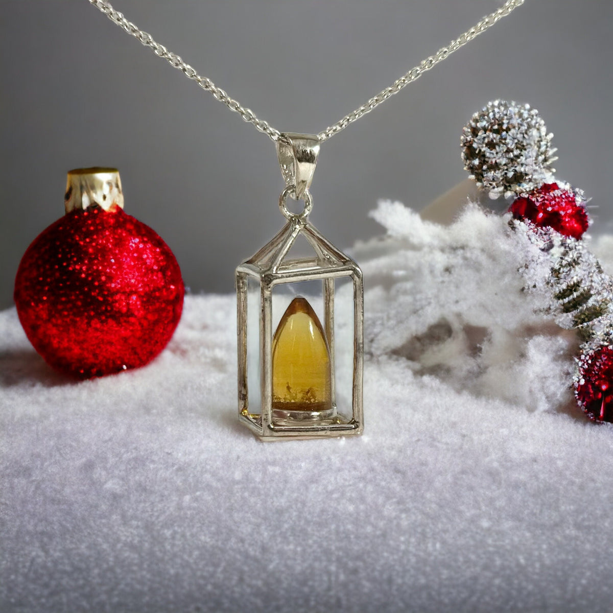 Unique Citrine Lantern Pendant with Chain - One of a Kind Citrine Flame Pendant - Ready to Ship - November Birthstone - 925 Silver Pendant