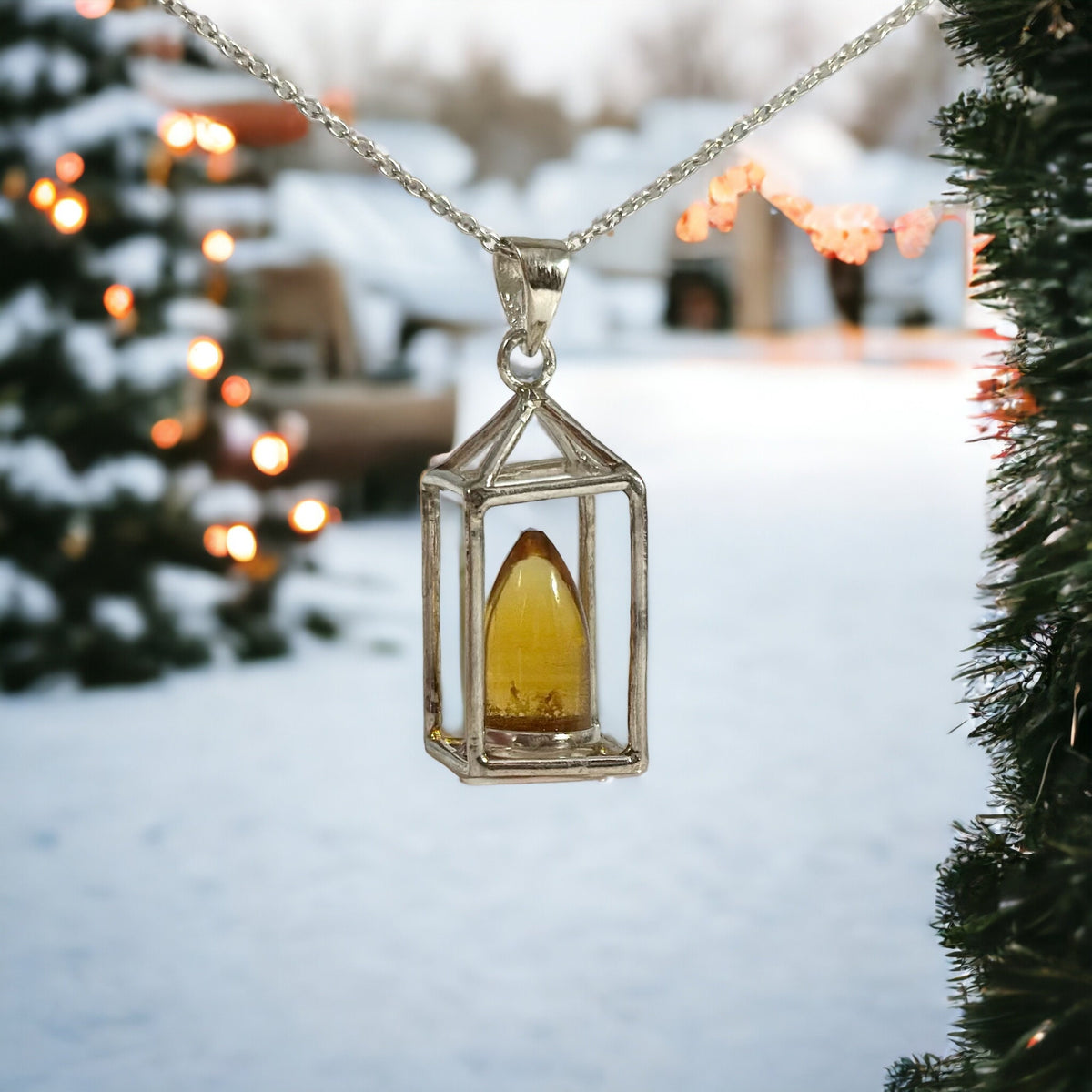 Unique Citrine Lantern Pendant with Chain - One of a Kind Citrine Flame Pendant - Ready to Ship - November Birthstone - 925 Silver Pendant