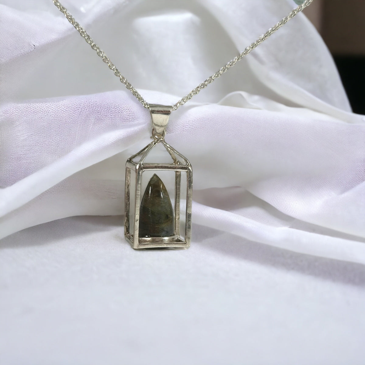 Unique Labradorite Lantern Pendant with Chain - One of a Kind Labradorite Flame Pendant - Ready to Ship - 925 Silver Pendant with Chain