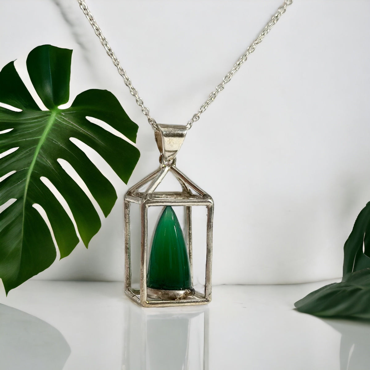 Unique Green Onyx Lantern Pendant with Chain - One of a Kind Onyx Flame Pendant - Ready to Ship - May Birthstone - 925 Silver Onyx Pendant