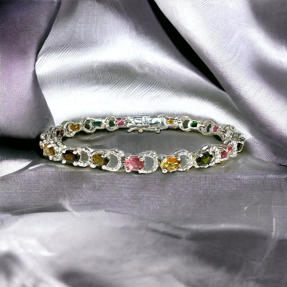 Natural Multi-Tourmaline Bracelet - Stunning Bracelet - Sleek Link Bracelet - Multi Gemstone Bracelet - Solid 925 Sterling Silver Bracelet
