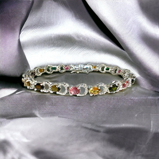 Natural Multi-Tourmaline Bracelet - Stunning Bracelet - Sleek Link Bracelet - Multi Gemstone Bracelet - Solid 925 Sterling Silver Bracelet
