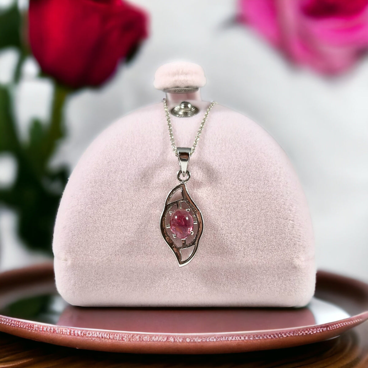 Natural Pink Tourmaline Pendant with Free Chain - Tourmaline Cabochon Pendant - Pink Gemstone Pendant - Solid 925 Sterling Silver Pendant
