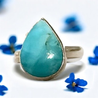 Pretty Genuine Larimar Ring - Pear-Shaped Larimar Ring -  US Size 7.0 Ring - Women's Larimar Ring - Solid 925 Sterling Silver Larimar Ring