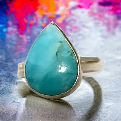 Pretty Genuine Larimar Ring - Pear-Shaped Larimar Ring -  US Size 7.0 Ring - Women's Larimar Ring - Solid 925 Sterling Silver Larimar Ring