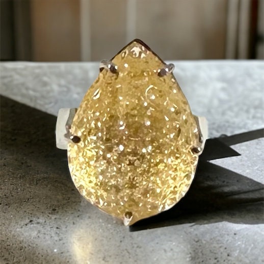 Gorgeous Citrine Ring - Carved Citrine Pear-Shaped Ring -  Carved Gemstone Ring - November Birthstone - US 7.75 Ring - Solid 925 Silver Ring