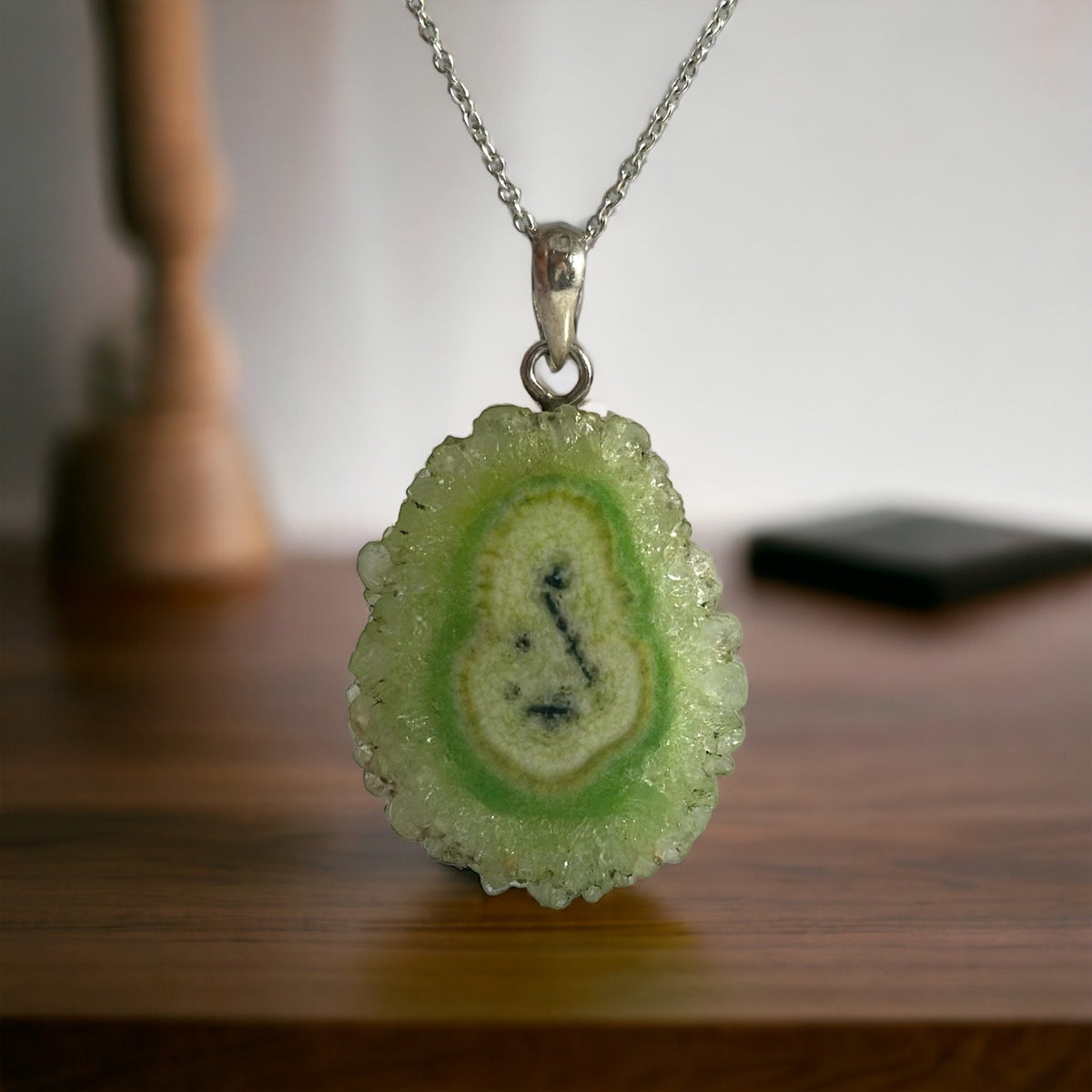 Green Gemstone Pendant with Free Chain - Green Agate Pendant - Druzy Pendant - Rough Gemstone Pendant -  Unisex Pendant - June Birthstone