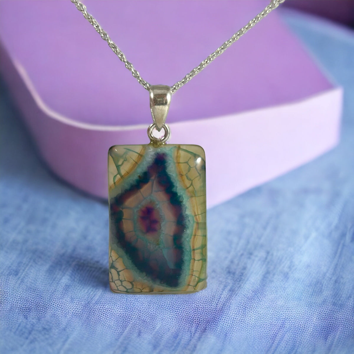 Rectangle Agate Pendant with Free Chain - Blue Green Agate Pendant - Rainbow Pendant - Gemstone Pendant - Colorful Pendant -  June Birthday