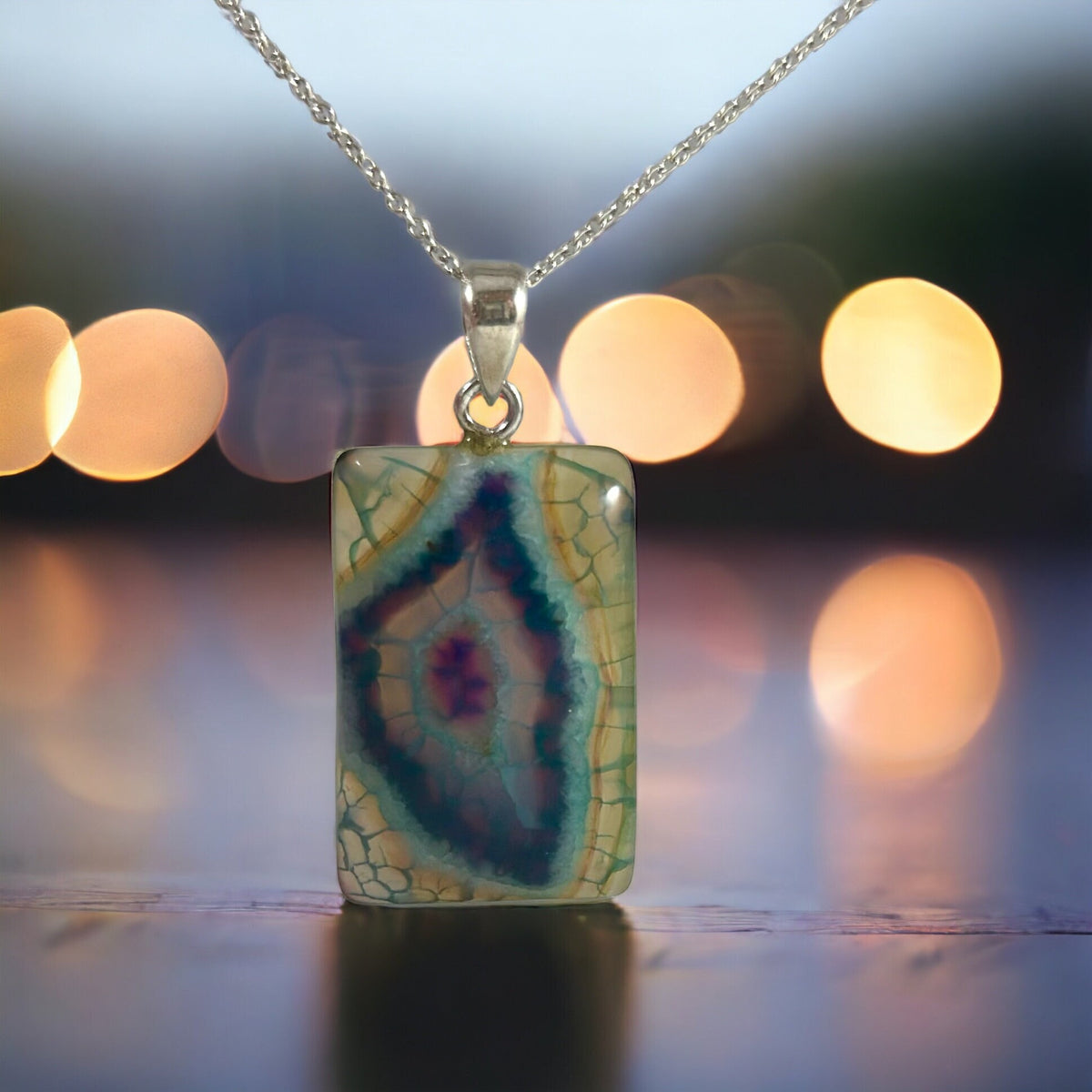 Rectangle Agate Pendant with Free Chain - Blue Green Agate Pendant - Rainbow Pendant - Gemstone Pendant - Colorful Pendant -  June Birthday