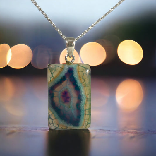 Rectangle Agate Pendant with Free Chain - Blue Green Agate Pendant - Rainbow Pendant - Gemstone Pendant - Colorful Pendant -  June Birthday
