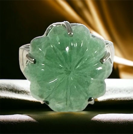 Extraordinary Green Fluorite Ring - Carved Floral Fluorspar Ring -  Big Fluorite Ring  - Green Gemstone Ring -  US 8 Ring - Solid 925 Silver