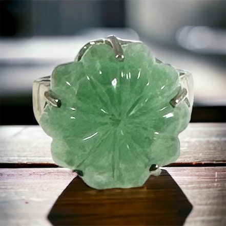 Extraordinary Green Fluorite Ring - Carved Floral Fluorspar Ring -  Big Fluorite Ring  - Green Gemstone Ring -  US 8 Ring - Solid 925 Silver