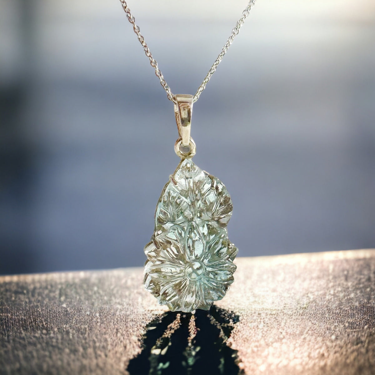 Genuine Blue Topaz Pendant - Pendant with chain- Carved Gemstone Pendant- Gift for Her - December Birthstone - Solid 925 Sterling Silver
