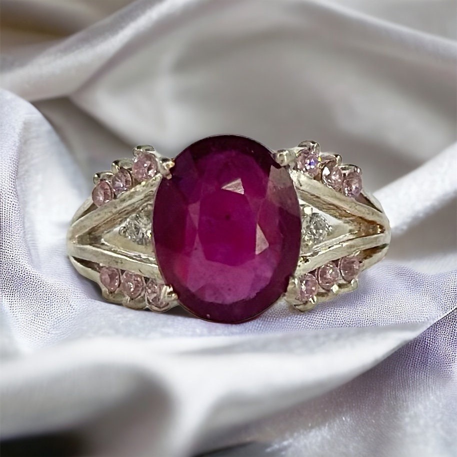 SOLD - WAITLIST AVAILABLE Natural Ruby, Pink Tourmaline and Moissanite Ring - Ruby Moissanite Ring - Gift for Her - 925 Sterling Silver Ring
