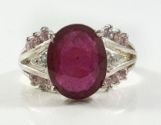 Natural Ruby, Pink Tourmaline and Moissanite Ring - Ruby Moissanite Ring - Stunning Ruby Ring - Gift for Her - Solid Sterling Silver Ring