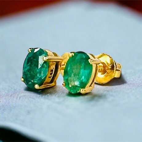 Solid 14K Gold Emerald Studs - 14K Gold Studs- Gold Emerald Earrings - Zambian Emerald Earrings - Emerald Gold Studs - Emerald Earrings