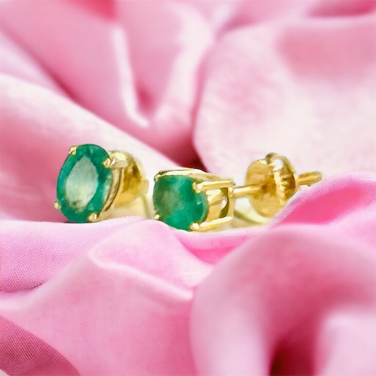 Solid 14K Gold Emerald Studs - 14K Gold Studs- Gold Emerald Earrings - Zambian Emerald Earrings - Emerald Gold Studs - Emerald Earrings