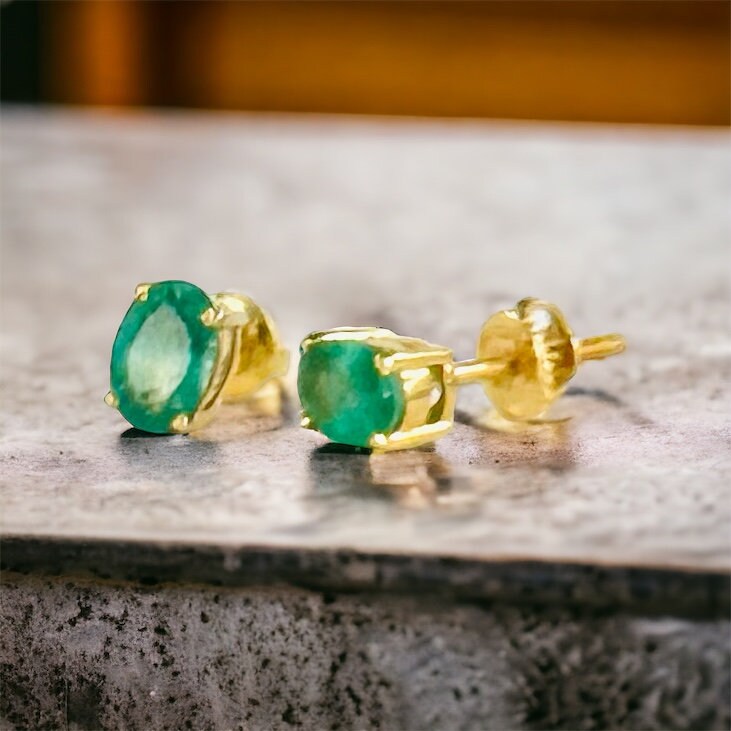 Solid 14K Gold Emerald Studs - 14K Gold Studs- Gold Emerald Earrings - Zambian Emerald Earrings - Emerald Gold Studs - Emerald Earrings